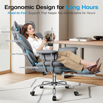 Office Chair Comfy, Big and Tall Executive Leather Chair, High Back Ergonomic Wide Chair with Footrest, Reclining Computer Desk Chair, Heavy Duty Gaming Chair with Padded Arm and Pillow, Grey