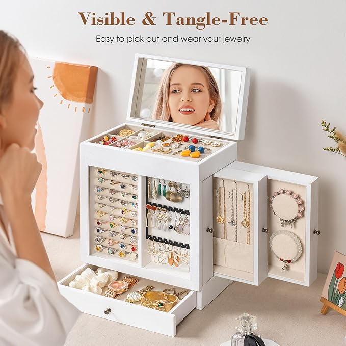 Honiway Jewelry Box for Women, 5 Layer Rustic Wooden Jewelry Organizer with Glass Window, 4 Drawers, Mirror, Large Jewelry Storage Display for Earrings Rings Necklaces Bracelets (Weathered White)