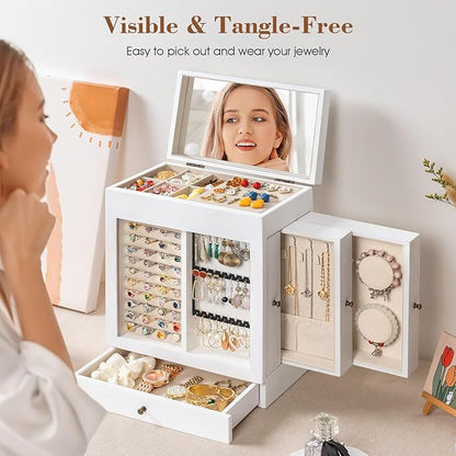 Honiway Jewelry Box for Women, 5 Layer Rustic Wooden Jewelry Organizer with Glass Window, 4 Drawers, Mirror, Large Jewelry Storage Display for Earrings Rings Necklaces Bracelets (Weathered White)