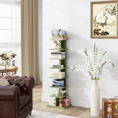 TUTOTAK Bookshelf, 8-Tier Bookcase, Narrow Spine Book Shelf for Small Space, Corner Standing Shelf for Living Room, Office, Study, Entryway, Olive Green BS06BOG008