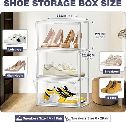 X-Large Clear Shoe Storage Box Stackable Shoes Box Acrylic Sneaker Display Case Shoe Boots Organizer with Lid, 6 Pack
