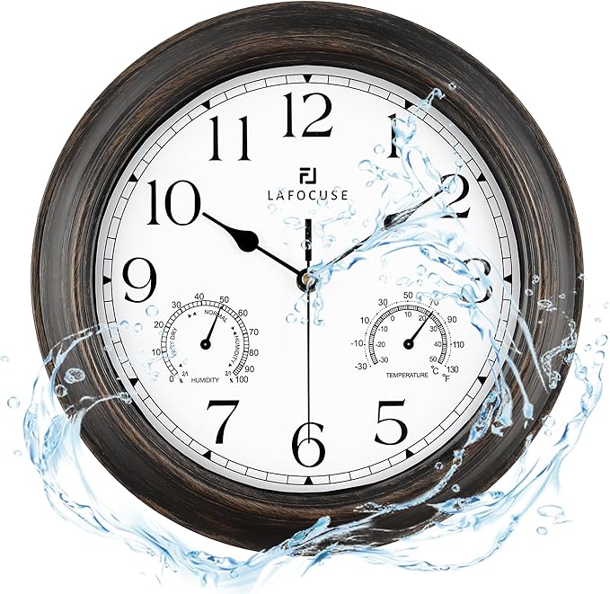 Lafocuse Brown Outdoor Wall Clocks Waterproof for Patio with Thermometer, 12 Inch Hygrometer Wall Clock for Kitchen Bathroom Garage