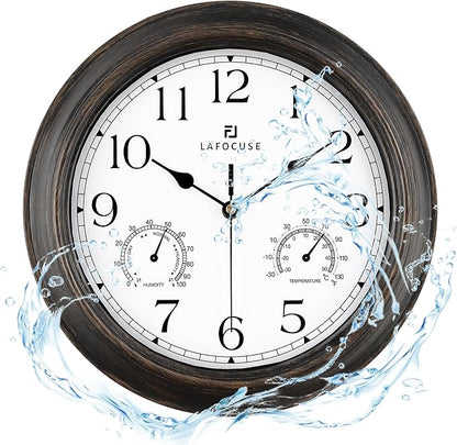 Lafocuse Brown Outdoor Wall Clocks Waterproof for Patio with Thermometer, 12 Inch Hygrometer Wall Clock for Kitchen Bathroom Garage