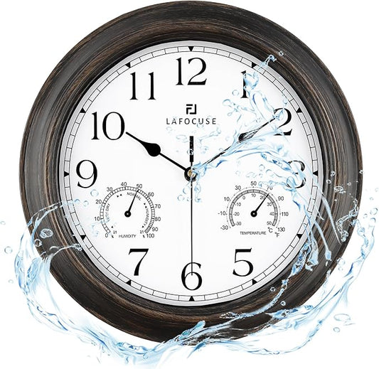 Lafocuse Brown Outdoor Wall Clocks Waterproof for Patio with Thermometer, 12 Inch Hygrometer Wall Clock for Kitchen Bathroom Garage