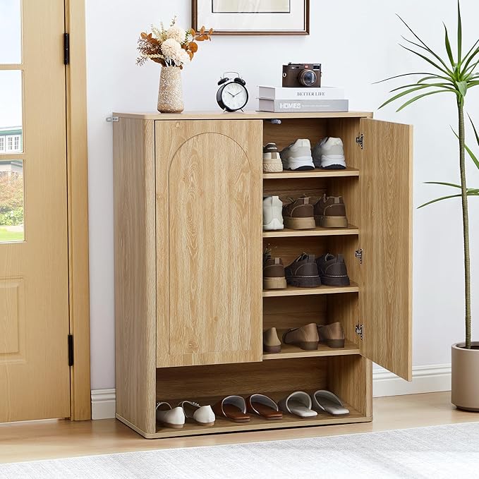 Shoe Cabinet, 5 Tier Wooden Shoe Storage Organizer Cabinet with Adjustable Shelves, Shoes Rack Accent Cabinet for Entryway Hallway Living Room, Natural