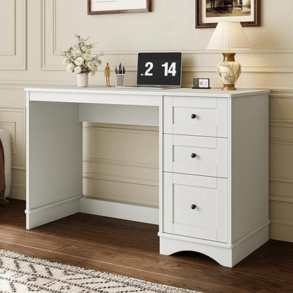 48”White Computer Desk with 3 Drawers, Modern Office Desk with Storage, Small Writing Desk for Bedroom, Living Room, Office