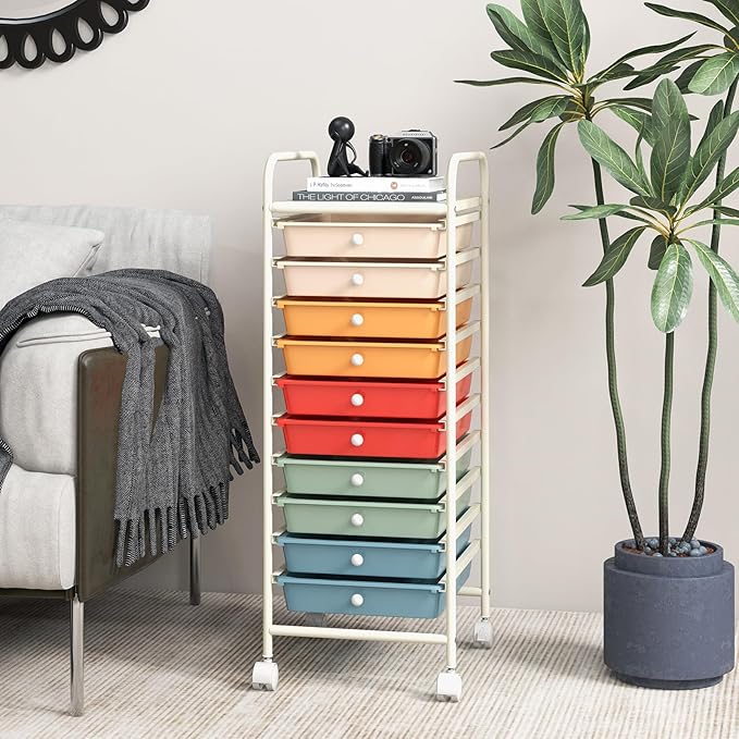 RELAX4LIFE Craft Organizers and Storage Cart - Rolling Cart with 10 Drawers, Lockable Casters for Tools, Trolley Cart with Wheels, Utility Cart for School, Home Office, Craft Cart (Macaron)
