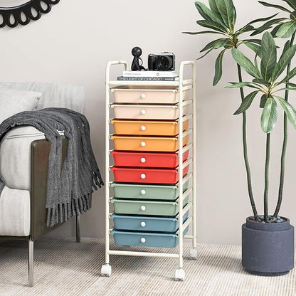 RELAX4LIFE Craft Organizers and Storage Cart - Rolling Cart with 10 Drawers, Lockable Casters for Tools, Trolley Cart with Wheels, Utility Cart for School, Home Office, Craft Cart (Macaron)