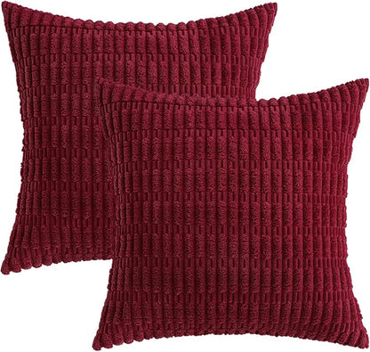 MIULEE Pack of 2 Burgundy Corduroy Decorative Pillow Covers 18x18 Inch Soft Boho Striped Throw Pillow Covers Modern Farmhouse Home Decor for Sofa Living Room Couch Bed