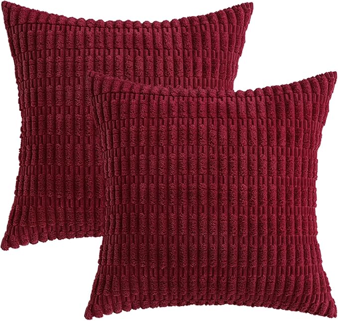 MIULEE Pack of 2 Burgundy Corduroy Decorative Pillow Covers 16x16 Inch Soft Boho Striped Throw Pillow Covers Modern Farmhouse Home Decor for Sofa Living Room Couch Bed