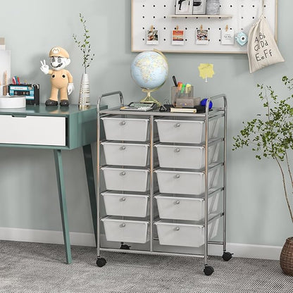Giantex 10 Drawers Rolling Cart, Classroom Organizers, Storage Cart with Wheels, for Teacher Office Home School Supplies Tool Craft Art Paper, Clear White