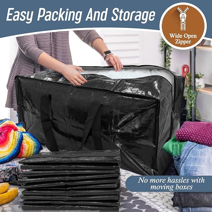12 Pack Extra Heavy Duty Large Moving Bags with Strong Zipper & Comfortable Handles, Sturdy & Durable Clothes Storage Bags Totes Bins, Packing Moving Boxes for College Supplies, Black