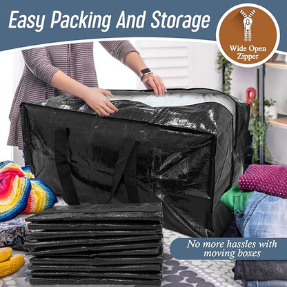 12 Pack Extra Heavy Duty Large Moving Bags with Strong Zipper & Comfortable Handles, Sturdy & Durable Clothes Storage Bags Totes Bins, Packing Moving Boxes for College Supplies, Black
