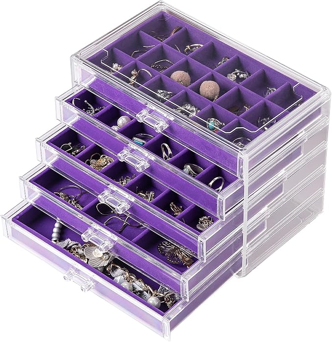 Frebeauty Acrylic Jewelry Organizer Earring Organizer Box with 5 Drawers Earring Holder Organizer with Velvet Trays Clear Jewelry Box for Women Earring Display for Rings Studs(Purple)
