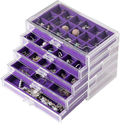 Frebeauty Acrylic Jewelry Organizer Earring Organizer Box with 5 Drawers Earring Holder Organizer with Velvet Trays Clear Jewelry Box for Women Earring Display for Rings Studs(Purple)