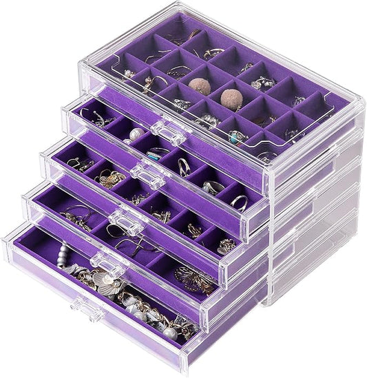 Frebeauty Acrylic Jewelry Organizer Earring Organizer Box with 5 Drawers Earring Holder Organizer with Velvet Trays Clear Jewelry Box for Women Earring Display for Rings Studs(Purple)