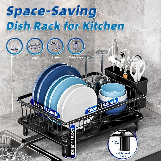 GAOKASE Dish Drying Rack, Stainless Steel-Dish Rack, Dish Racks for Kitchen Counter, Kitchen Dish Drainers with Removable Utensil Holder,New Drain Outlet,Plate Rack and Drainboard,Black