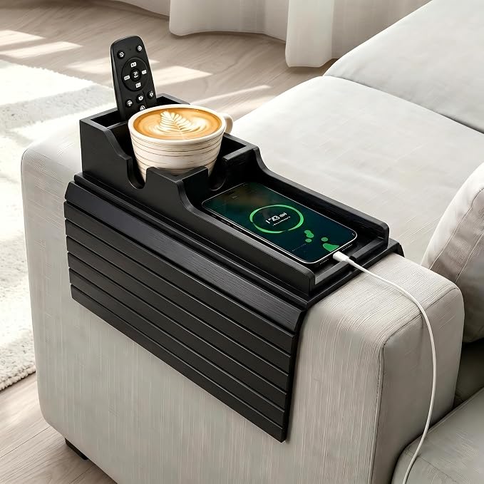 Yoshiky Black Bamboo Couch Armrest Table, Couch Arm Tray with Removable Couch Cup Holder, 2 in 1 Design Foldable Anti-Slip Bamboo Couch Tray and Sofa Cup Holder for Drink