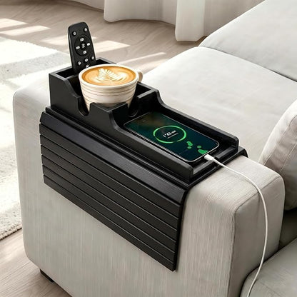 Yoshiky Black Bamboo Couch Armrest Table, Couch Arm Tray with Removable Couch Cup Holder, 2 in 1 Design Foldable Anti-Slip Bamboo Couch Tray and Sofa Cup Holder for Drink