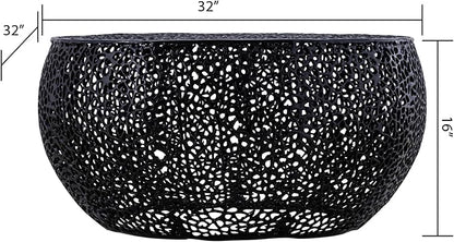 Modern Contemporary Round 32" Coffee Table, Solid Aluminum intrigued Design, Drum Shaped Mesh Cocktail Table, Creative Center Table for Living Room and Bedroom, Casted in Black