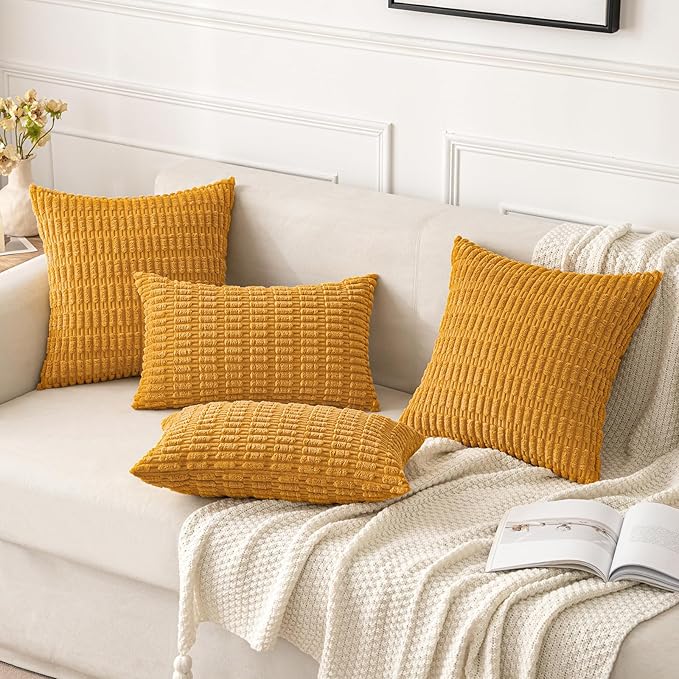 MIULEE Pack of 2 Corduroy Decorative Throw Pillow Covers 20x20 Inch Soft Boho Striped Pillow Covers Modern Farmhouse Home Decor for Summer Sofa Living Room Couch Bed Gold Yellow