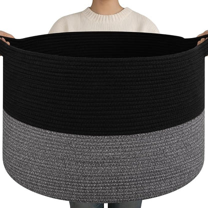 OIAHOMY 90L XXXLarge Blanket Basket for Living Room, 21.7" x 13.8" Woven Cotton Rope Laundry Basket for Organizing Pillows, Decorative Stuffed Animal Toy Storage for Nursery, Black and Grey