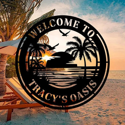 Custom Palm Tree wall Art Sunshine Palm Tree Beach House Metal Wall Art Personalized Ocean Waves Pool Name Sign Home Decor Patio Decoration Birthday Family Pool Home décor Tree House Sign