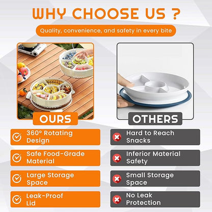 Rotating Snack Box Container - Medium Divided Serving Tray with Lid - Snack Spinner for Kids -Pie Carrier,Mess-Free Snack Container - Veggie Tray with Lid for Fridge - Spinning Snack Container