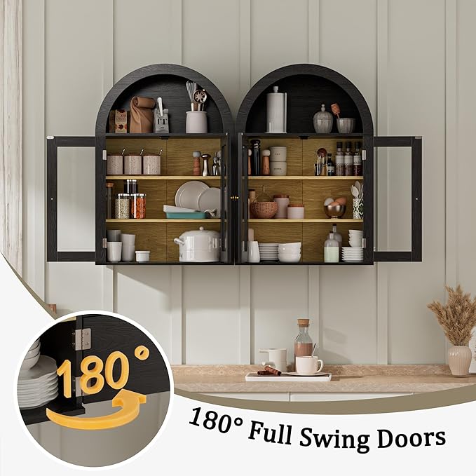BREEZEHEAT Bathroom Medicine Cabinet Wall Mount-Over The Toilet Storage Cabinet-Arched Wall Cabinet with Glass Doors & Adjustable Shelves, Wood Cabinet for Laundry Room, Kitchen, Living Room, Black