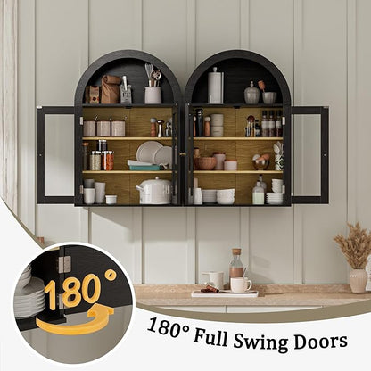 BREEZEHEAT Bathroom Medicine Cabinet Wall Mount-Over The Toilet Storage Cabinet-Arched Wall Cabinet with Glass Doors & Adjustable Shelves, Wood Cabinet for Laundry Room, Kitchen, Living Room, Black