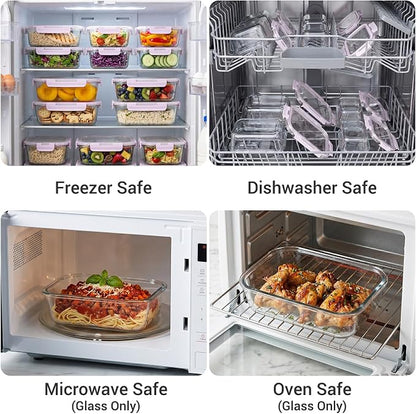 Dealusy 10 Sets (20-Piece) 4.5 Cup & 1.5 Cup Glass Food Storage Containers with lids, Airtight Leak-proof Glass Meal Prep Containers with Lids, Microwave Oven Freezer Dishwasher Safe, Purple