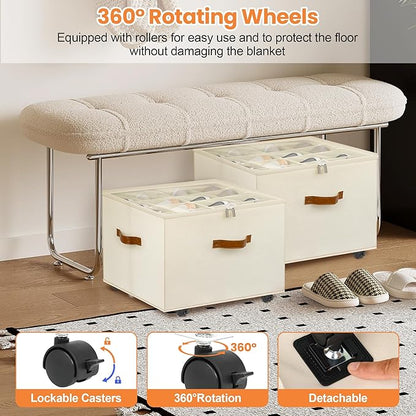Foyego Shoe Organizer for Closet, Shoe Storage Organizer with Wheels and Adjustable Dividers, Stackable Shoe Storage Box with Clear Cover, Foldable Closet Shoe Organizer Fits up to 16-32 Pairs, Beige