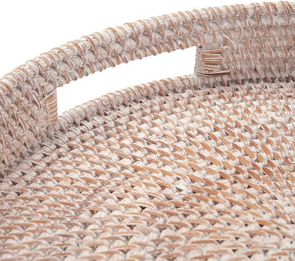 Coffee Table Tray Round Rattan Ottoman Tray Woven Serving Trays with Handles for Home and Kitchen Decorative Whitewash (Large 16.9 inch)