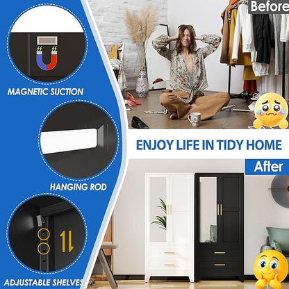 Steel Armoire Wardrobe Closet with Mirror, 71" Metal Clothes Storage Cabinets with 2 Doors, 1 Adjustable Shelf, 2 Drawers, Metal Wardrobe Cabinet with Hanging Rod for Bedroom, Gym, Cloak(Black)