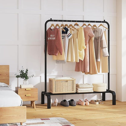 JIUYOTREE Standard Clothes Clothing Garment Rack with Storage Shelves Clothes Organizer for Hanging Clothes Coat Jacket Shirt Sweater Jeans Black