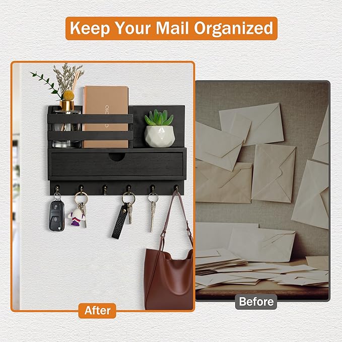 Key and Mail Holder for Wall, Mail Organizer Wall Mount with 6 Hooks and Storage Drawer, Wooden Key Rack Hanger with Shelf for Entryway and Home Decor