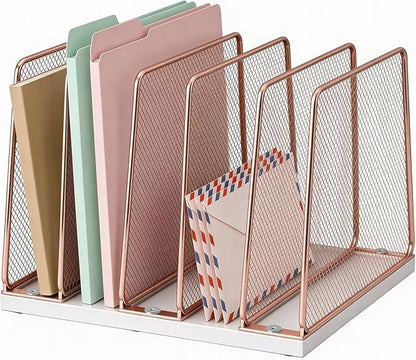 LEKETREE Rose Gold Desk File Organizer, 5-Section Upright File Sorter, Vertical File Folder Holder, Mesh Metal Wood Office Desktop Organization for Document, Magazine, Books and more (Rose Gold)