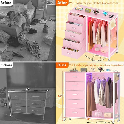 Cyclysio Dresser with Hanging Rack, 5 Fabric Drawers Dresser with Clothes Rack, Wooden Top Storage Chest of Drawers with Charging Station & LED Lights, Lockable Wheels, Closet