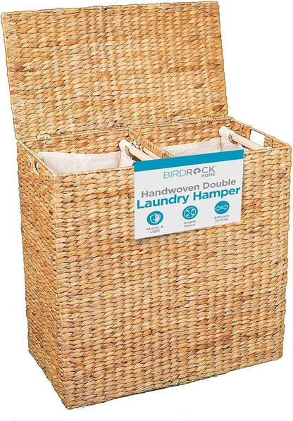 BirdRock Home Water Hyacinth Laundry Hamper Divided Interior (Natural) | Eco Friendly | Made of Hand Woven Hyacinth Fibers | Includes Two Removable Cotton Liners Bag | Wicker Laundry Basket with Lid