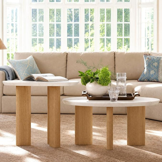 Yechen Nesting Coffee Table Set of 2, Mid Century Modern Coffee Table with Faux Marble Top, Round Tea Table and End Table Set, Minimalist Center Tables for Living Room, Office, or Apartment