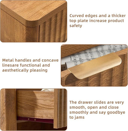 LEYAOYAO 31" Wide Fluted Nightstand Set of 2 with Charging Station, Oversized Extra Large 1 Drawer Night Stand with Golden Handle, Brown Wood Bedside Table Tall End Tables,for Bedroom, Living Room