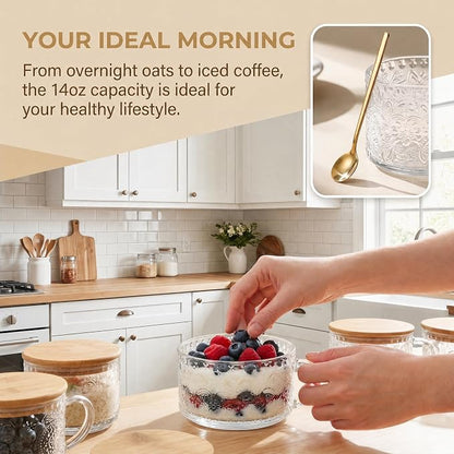 YORY 14oz Vintage Glass Mugs with Bamboo Lids & Spoons, 4-Pack gift set | Perfect for Overnight Oats, Yogurt, Coffee Tea , Kitchen, Housewarming ,women