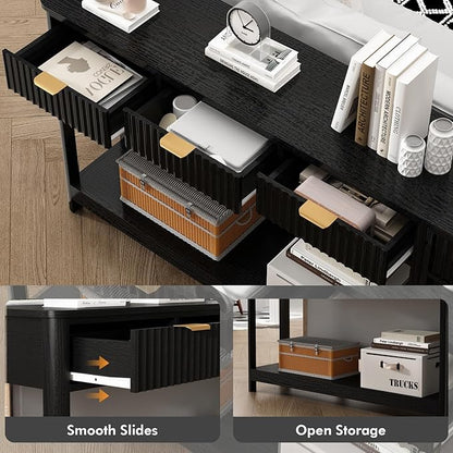 Set of 2 Console Table with Drawers, Modern 47.1" Entryway Table with Storage Shelf, Boho Narrow Skinny Behind Couch Wood Sofa Table for Living Room Hallway Entrance Foyer,Black