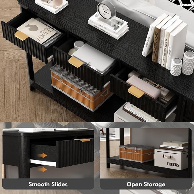 Fluted Console Table with Drawers, Modern 47.1" Entryway Table with Storage Shelf, Boho Narrow Skinny Behind Couch Wood Sofa Table for Living Room Hallway Entrance Foyer, Black