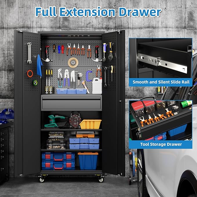Garage Storage Cabinet with Wheels and Doors,Lockable Metal Storage Cabinet with Drawer Pegboard and Hooks for Garage Warehouse Home,Required Assembly,Black,71" H×15" D×30" W