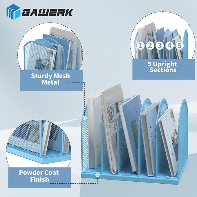 Gawerk 5-Section Vertical Desktop Organizer, 5-Section Mesh File Folder Stand Sorter for Office Home Classroom Organization (1, Blue)