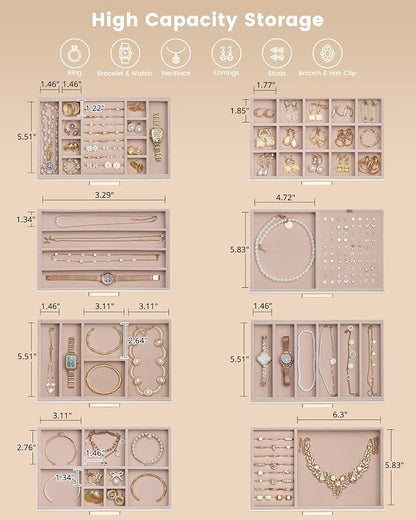 Lolalet Jewelry Box Organizer, 8-Layer Jewelry Organizers and Storage Case with Glass Lid, Ring Earring Bracelet Necklace Holder Organizer, Birthday Valentine Gifts for Women Girls -8Layer, Beige