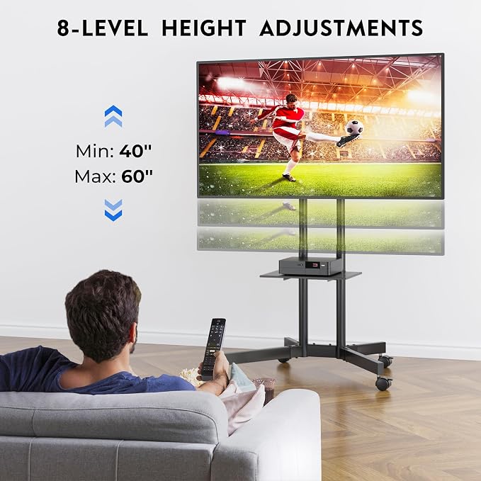 BONTEC Rolling TV Stand with Tilt, Mobile TV Cart for 32–85 Inch LED LCD OLED Flat & Curved TVs, Portable Stand with Laptop Shelf, Locking Wheels, Outdoor TV Stand Holds 132 lbs, Max VESA 600x400mm