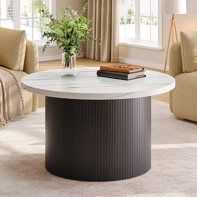ONBRILL 31.5" Round Coffee Table, Tambour Design Coffee Tables for Living Room, Mid Century Modern Wood Coffee Table, Drum Accent Small Center Table, Marble Texture