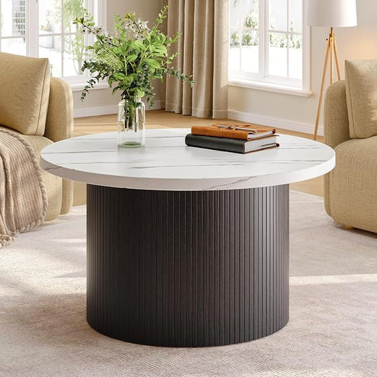 ONBRILL 31.5" Round Coffee Table, Tambour Design Coffee Tables for Living Room, Mid Century Modern Wood Coffee Table, Drum Accent Small Center Table, Marble Texture